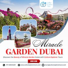 an advertisement for the garden dubai tour with flowers and roller coasters in the background