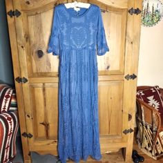 Nwt Orange Creek Blue Lace Embroidered Dress... So Feminine... For The Tall Woman... Nwt.. Cornflower Blue.. Floral Pattern With A Heart On Bosom Area.. Fully Lined Including Sleeves.. Sz S/M.. Measurements: See Pics Condition: Excellent New.. Aug23 Blue Maxi Dress With Lace Trim For Spring, Blue Lace Maxi Dress With Lace Trim, Blue Lace Maxi Dress For Spring, Blue Embroidered Maxi Dress For Spring, Spring Blue Lace Maxi Dress, Spring Blue Embroidered Maxi Dress, Spring Embroidered Blue Maxi Dress, Blue Lace Maxi Dress With Short Sleeves, Fitted Blue Embroidered Maxi Dress