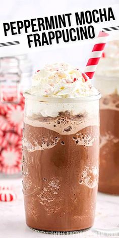 peppermint mocha frappuccino in a mason jar with candy canes