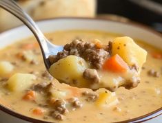 a spoon full of soup with meat and potatoes