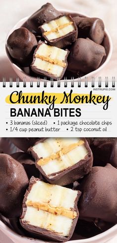 chocolate covered bananas in a bowl with the words chunk monkey banana bites on top and below