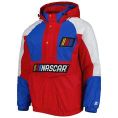 Showcase your racing pride in style with this NASCAR The Body Check half-snap jacket from Starter. It features noticeable embroidered NASCAR graphics that rep your unwavering loyalty. Strong, stretchy nylon fabric, a removable hood and a pouch pocket for easy storage make this outerwear a standout piece in your collection. Brand: Starter Long sleeve Machine wash, tumble dry low Embroidered fabric applique Zippered removable hood with adjustable toggles Locker loop Pullover Half-zip with three-sn Red Throwback Outerwear For Sports Events, Racing Style Winter Sports Outerwear, Winter Racing Sports Outerwear, Red Winter Windbreaker For Sports Events, Winter Racing Style Streetwear Outerwear, Winter Racing Streetwear Outerwear, Racing Style Winter Outerwear For Streetwear, Pullover Half Zip, Nylon Fabric