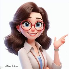 an animated woman with glasses pointing at something