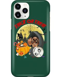 a phone case with an image of a dog wearing a witch costume and pumpkins