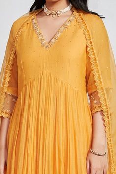 Shop for Label Mansi Nagdev Yellow Malai Chanderi Layina Neckline Embroidered Anarkali Set for Women Online at Aza Fashions Elegant Designer Yellow Anarkali Set, Elegant Yellow Anarkali Set For Designer Wear, Elegant Yellow Anarkali Set For Festive Occasions, Yellow Elegant Anarkali Set With Resham Embroidery, Elegant Yellow Anarkali Set With Gota Work, Elegant Yellow Anarkali Set With Pallu, Elegant Yellow Churidar With Chikankari Embroidery, Elegant Yellow Anarkali Set For Navratri, Elegant Yellow Churidar For Festivals