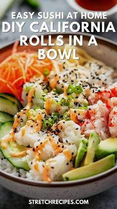 a bowl filled with rice, shrimp and veggies