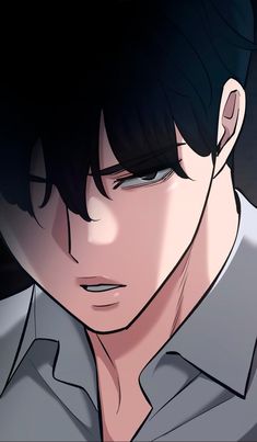 an anime character with black hair and grey shirt looking at something in the distance on his face