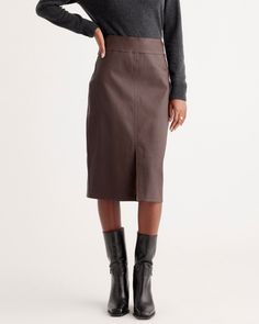 A leather twist on a timeless style. Made from 100% top grain leather, this pencil skirt keeps it sleek and adds a little edge. A comfort stretch fabric backing translates to a flawless feel and just-right fit. Wear this one with a silky blouse or your favorite cashmere sweater to mix and match luxe textures. Pencil Skirt Leather, Garment Manufacturing, Pencil Skirt Dress, Silky Blouse, Ponte Pants, Leather Pencil Skirt, Sheep Leather, Just Run, Fall 2023