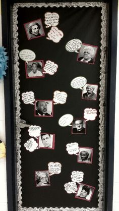 a black and white photo with many different pictures on the wall, including speech bubbles