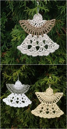 three crocheted angel ornaments hanging from a christmas tree with the words learn to crochet