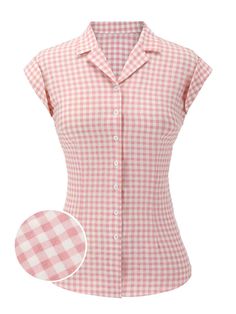 Pink 1950s Gingham Plaid Lapel Shirt The 50s Fashion, Retro Stage, Fashion 50s, Embroidered Mesh Dress, Retro Tops, Soft Pink Color, Preppy Girl, Standard Dress, Gingham Pattern