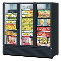 two glass door refrigeration refrigerators with food items in the display area