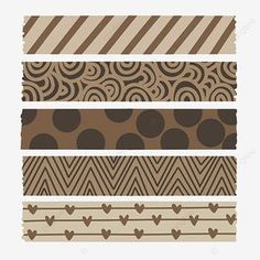 four different patterns in brown, beige and black colors with hearts on the bottom left corner