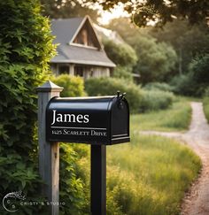 a mailbox sitting on the side of a road next to a lush green field