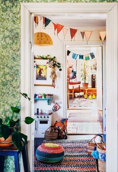 an open door leading into a room with lots of decorations