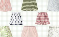 nine different shades of lampshades on a checkered tablecloth background, all in various patterns and sizes