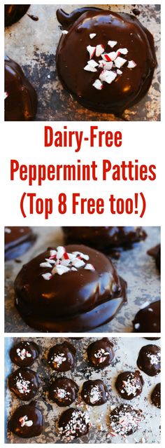 chocolate covered peppermint patties with white sprinkles on top and the words dairy - free peppermint patties top 8 free too