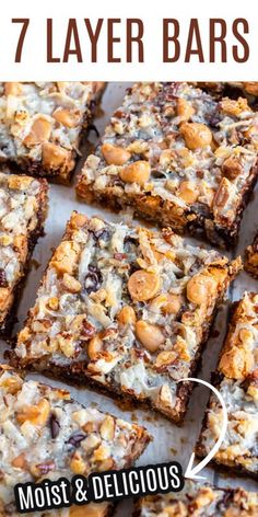 seven layer bars with nuts and raisins on top are shown in the bottom row