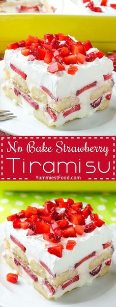 no bake strawberry trirami cake on a white plate