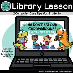 Do your students take good care of computer equipment? This lesson on computer care tips will help! I use this presentation right after reading the book, We Dont Eat our Classmates by Ryan T. Higgins  hence the cute dinosaur theme! Just like Penelope had to get a few things straight about school and friendships, your students need to be clear on YOUR EXPECTATIONS regarding the care of your schools expensive computer devices! (Mine sure did!) Each of my twelve tips can be customized to fit YOUR r Computer Rules, Computer Devices, Library Centers, Technology Teacher, Library Girl, Teaching Computers, Teacher Tired, Library Center, Tech Apps