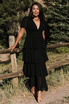 Montaigne Ruffle Maxi Dress | Black Modest Black Dresses, 34c Size, Destination Dress, Embellished Maxi Dress, Ruffle Maxi Dress, Baltic Born, Cascading Ruffles, Maxi Dress Black, Flowy Sleeves