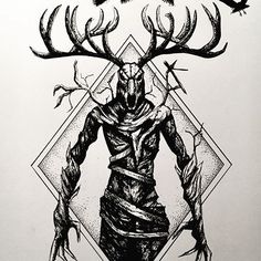 a black and white drawing of a man with antlers on his head