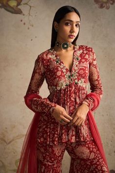 Buy Red Chiffon Printed And Embroidered Awespiring Peplum Kurta Gharara Set For Women by Ridhi Mehra Online at Aza Fashions. Chiffon Gharara, Sarara Dress, Ridhi Mehra, Peplum Designs, Red Ochre, Royalty Aesthetic