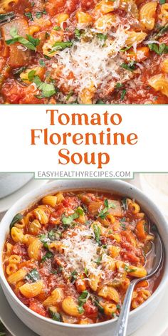 tomato florentine soup in a white bowl with parmesan cheese on top