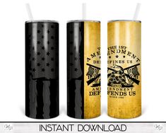 two black and gold soda cans with straws in them, one has an american flag on it