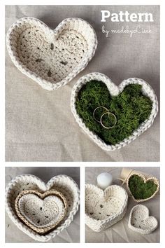 crocheted heart with moss in the middle and two small hearts on each side