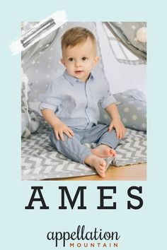 a young boy sitting on top of a bed in front of a blue background with the words james appellation mountain