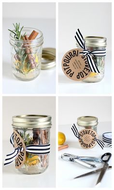 four different images of jars with labels and scissors next to each other on a table