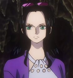 an anime character with green eyes and dark hair, wearing a purple jacket while standing in front of a tree