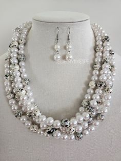 White Multi-strand Layered Pearl Necklace, White Multi-strand Costume Jewelry Necklace, White Multi-strand Pearl Embellished Necklace, Luxury White Multi-strand Pearl Necklace, Chunky Pearl Necklace, Vintage Multi-strand White Pearl Necklace, Chunky Pearls, Pearl Necklace Set, Silver Necklace Statement