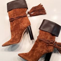 100% Authentic Saint Laurent Tanger 105mm Mixed Leather Tassel Booties Minor Wear On Bottom Of Bootie And On One Part Of Thread. Please See All Photos. Chic Leather Heels With Tassels, Saint Laurent Shoes, Leather Tassel, Brown Suede, Shoes Heels Boots, Bootie, Shoes Women Heels, Heeled Boots, Saint Laurent