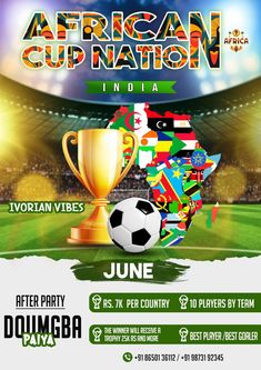 the african cup tournament poster with soccer ball and trophy in front of an open stadium