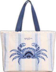 Beach Tote Blue Crab from Spartina 449 Blue Beach Bag With Adjustable Strap And Double Handles, Blue Embroidered Canvas Bags, Blue Top Handle Shoulder Bag For Vacation, Blue Embroidered Shoulder Bag For Shopping, Blue Embroidered Beach Bag, Blue Embroidered Beach Bags, Blue Embroidered Bags For Beach, Embroidered Blue Beach Bags, Blue Embroidered Vacation Bag