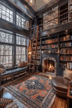 a living room filled with furniture and a fire place next to a book shelf full of books