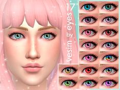 many different colored eyes with pink hair and blue eyes are shown in the image above