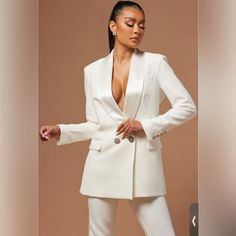 Fashion Nova Lux Nwt The Georgia Tailored Two Piece Suit Fashion Nova Lux Nwt The Georgia Oversized Blazer P2p-21in Off White Silver Statement Bling Button Closure And Sleeves Closure Can Be Alternated To The Left Or Right Satin Trim Fashion Nova Lux- Off White Pants New With Tags Waist-15in Inseam- 31in Rise- 13in Tailored Pants Satin Trim From Waist To Bottom Pants Chic Double-breasted Blazer For Wedding, Chic Double-breasted Wedding Blazer, White Blazer Dress For Wedding, White Blazer Dress With Suit Collar For Fall, White Tuxedo Style Fall Outerwear, White Tuxedo Style Outerwear For Fall, Chic Single-breasted Outerwear For Wedding, Cream Tuxedo Blazer For Work, White Suit With Collar For Fall