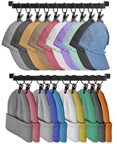 six colors of hats hanging from hooks on a rack with black metal bar and hat clips