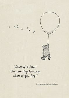 winnie the pooh flying with a balloon in his hand and bees coming from it