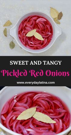 red onions in a white bowl with gold leaves on top and text overlay that reads sweet and tangy pickled red onions