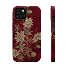 a red phone case with flowers and leaves on the front, side and back sides