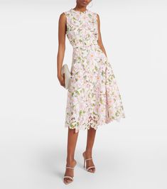 Floral midi dress in white - Oscar De La Renta | Mytheresa Chic A-line Tea Length Dress For Garden Party, Spring Garden Party A-line Tea Length Dress, Spring A-line Tea Length Dress For Cocktail, Formal Summer A-line Belted Dress, Chic A-line Midi Dress For Garden Party, Elegant Floral Tea-length Dress, Pink Tea Length Midi Dress For Cocktail, Pink Tea-length Midi Dress For Cocktail, Feminine Summer Tea-length Dress