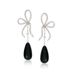 Ross-Simons - Black Onyx and 1.20 ct. t. w. Cubic Zirconia Bow Drop Earrings in Sterling Silver. Sleek black onyx teardrop earrings are sweetened by 1.20 ct. t. w. brilliant-cut CZ bows in sterling silver. Hanging length is 2 1/2". Post/clutch, CZ and black onyx drop earrings. CZ weights are diamond equivalents. Black Diamond Earrings For Formal Occasions, Black Diamond Earrings With Accents For Formal Events, Black Diamond Earrings With Accents For Formal Occasions, Black Cubic Zirconia Earrings For Evening, Elegant Black Earrings For Formal Occasions, Elegant Black Formal Earrings, Classic Black Diamond Earrings For Formal Occasions, Luxury Black Diamond Earrings For Formal Occasions, Black Diamond Earrings For Party