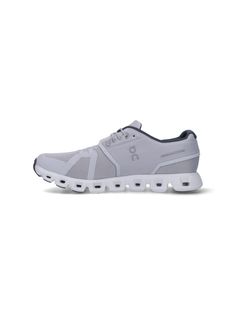 ON Cloud 5 Sneakers, grey recycled mesh, round toe, lace-up closure, printed logo tab, tone-on-tone side and back logo, white rubber sole. Comfortable Gray Lace-up Running Shoes, Sporty Gray Lace-up Running Shoes, Comfortable Breathable Gray Sneakers, Comfortable Gray Running Shoes With Rubber Sole, Gray Lace-up Sneakers, Comfortable Streetwear Running Shoes With Air Cushioning, Comfortable Gray Walking Shoes With Air Cushioning, Breathable Gray Sneakers For Jogging, Streetwear Running Shoes With Air Cushioning