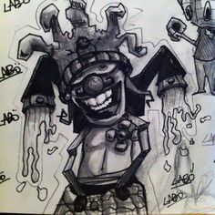 a drawing of an evil clown with many faces