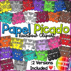 the paper picado rainbow clipart is shown in different colors and shapes, including hearts