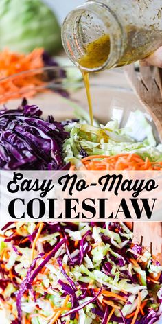 an image of coleslaw being poured into a glass bowl with carrots and cabbage